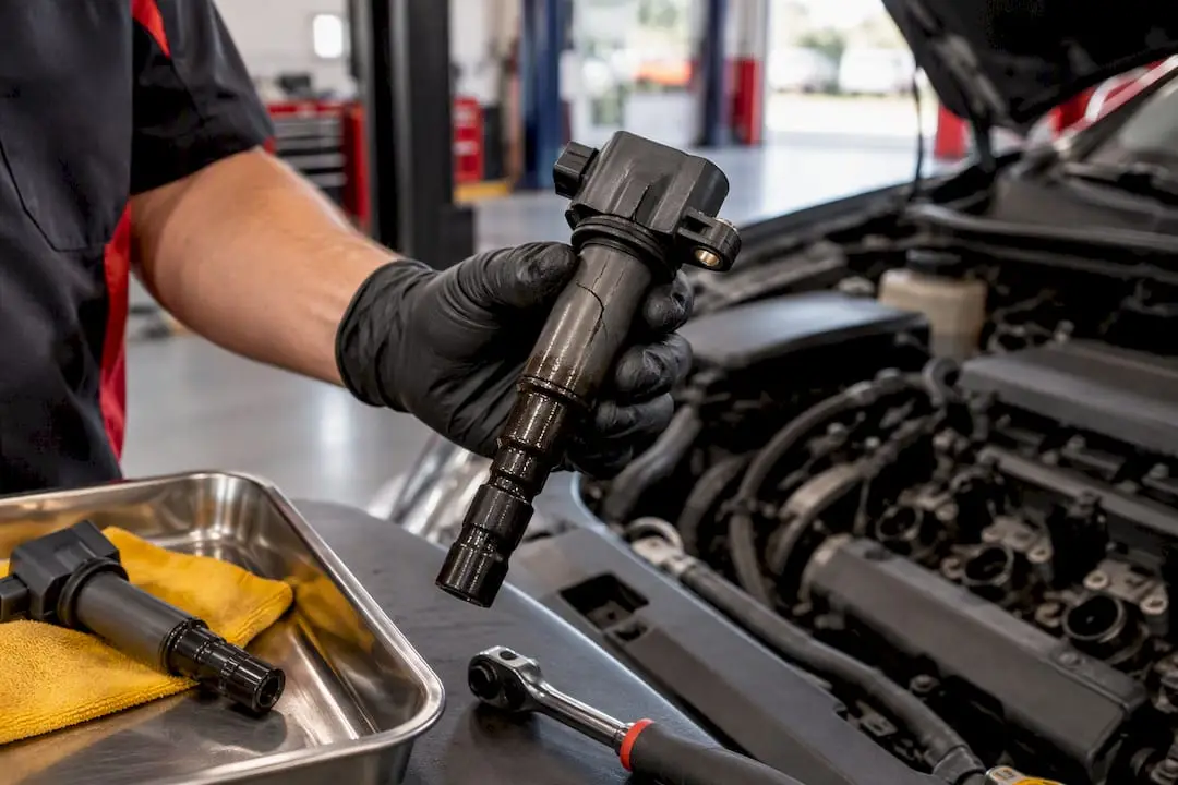Technician inspecting a damaged ignition coil
