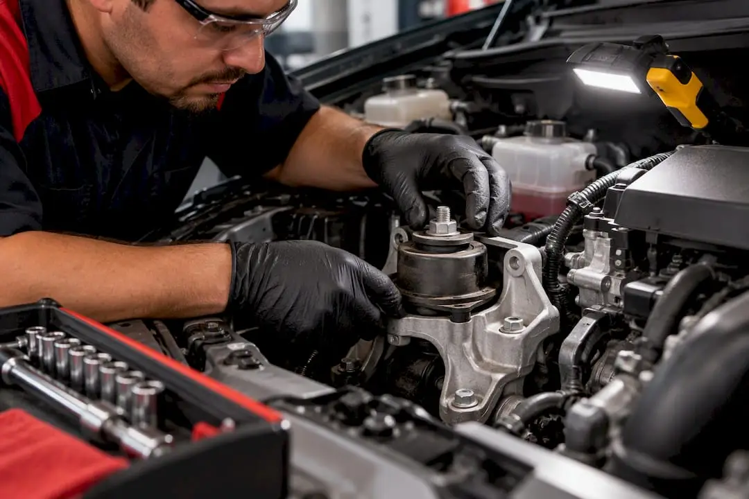 Technician inspecting an engine mount