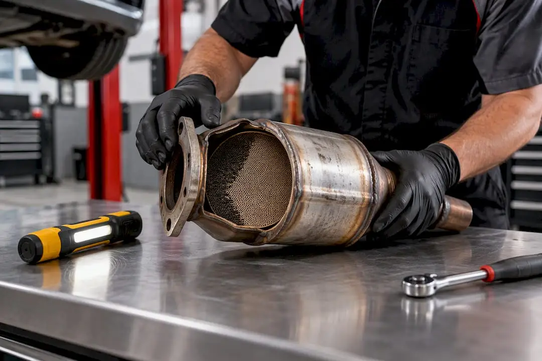 Technician inspecting a catalytic converter