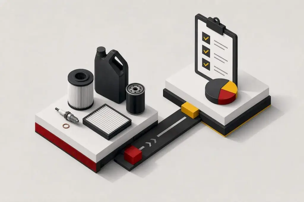 Isometric illustration of planned vehicle maintenance