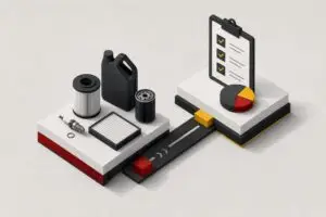 Isometric illustration of planned vehicle maintenance