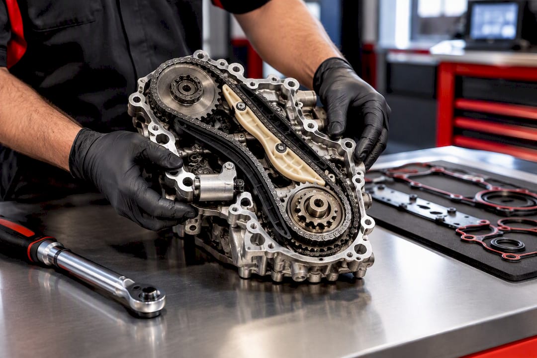 Technician inspecting timing chain components