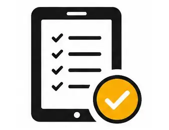 Checklist document icon with orange approval checkmark badge