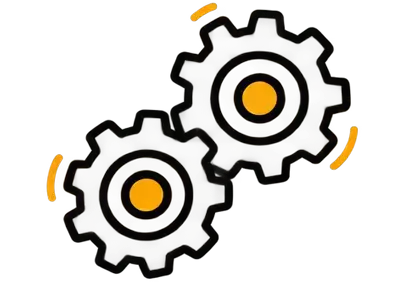 Two interlocking dark gears with yellow centers