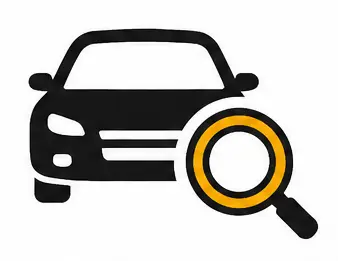 Black car icon with yellow magnifying glass