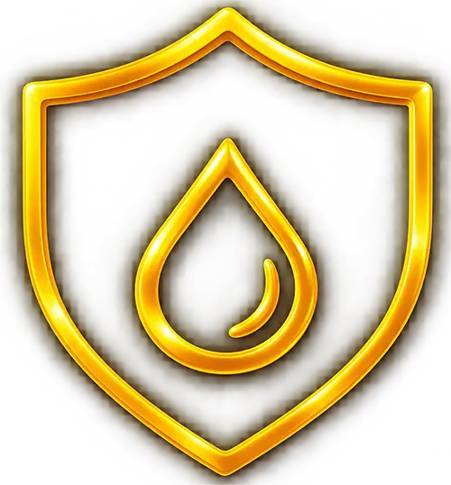 Glowing gold shield with water droplet icon