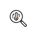 Magnifying glass inspecting a thermometer icon