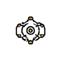 Circular mechanical gear icon with yellow connector points