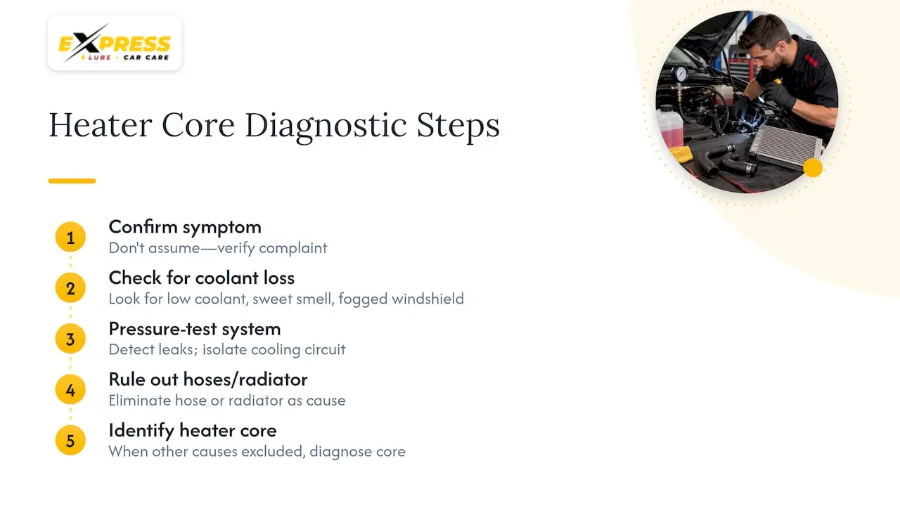 Heater core diagnosis process from symptoms to testing