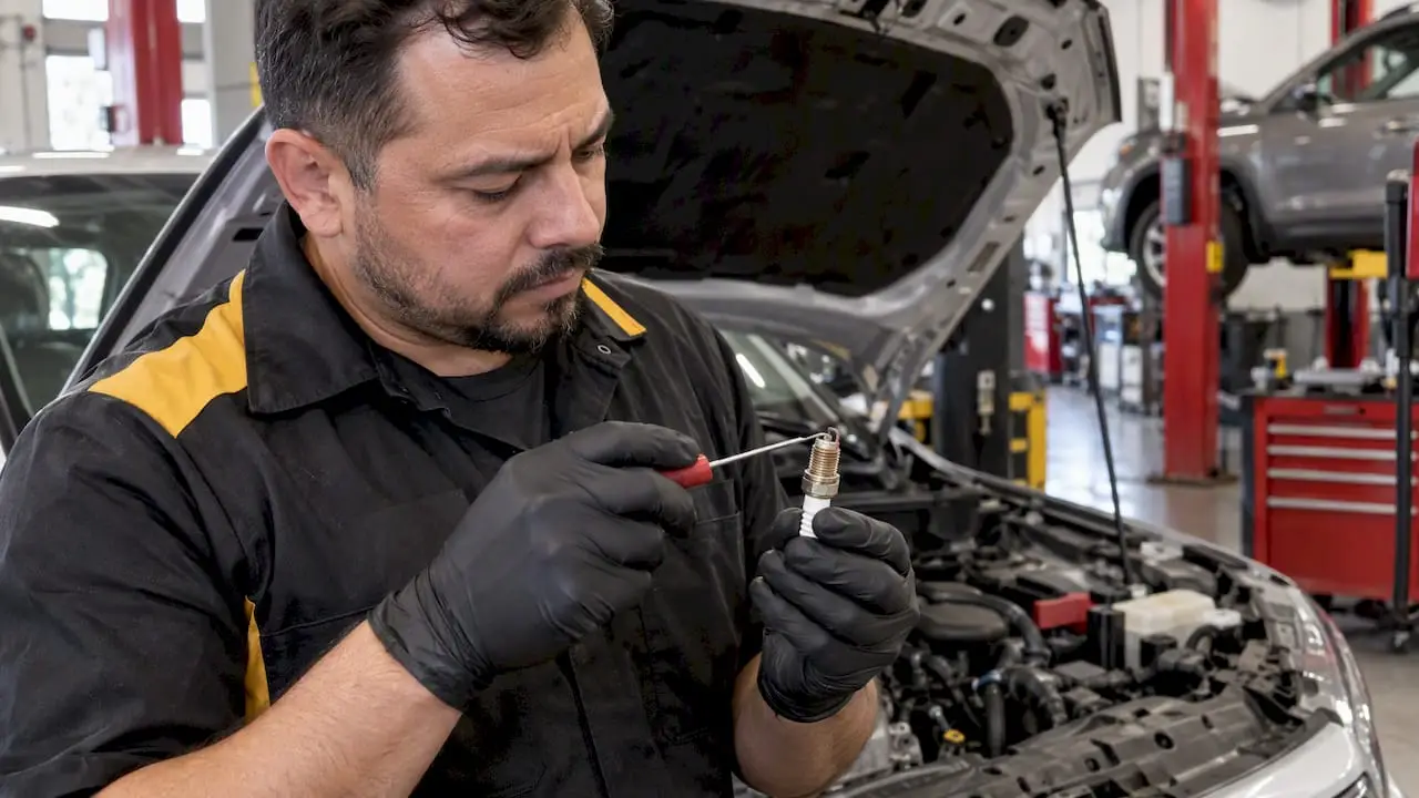 Technician inspecting a worn spark plug