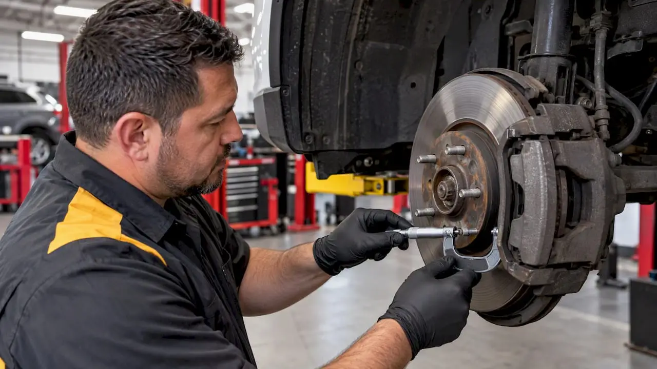 Technician measuring exposed brake rotor thickness