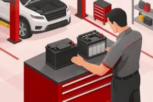 Technician comparing AGM and flooded batteries