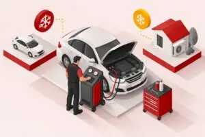 Technician servicing a car air-conditioning system