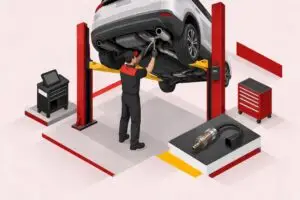 Technician replacing an oxygen sensor under a vehicle