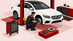 Technician inspecting Mercedes brake assembly