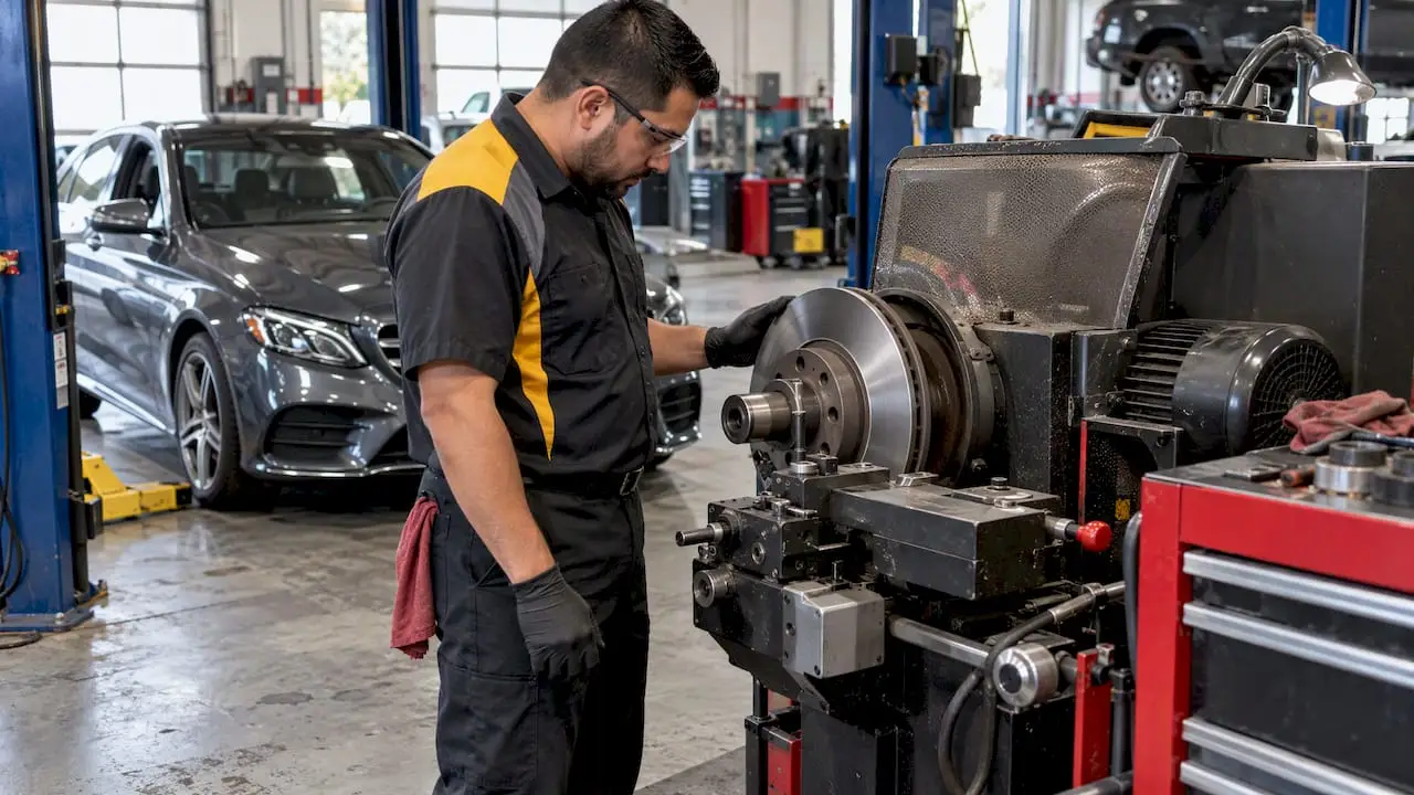 Technician inspecting a resurfaced brake rotor
