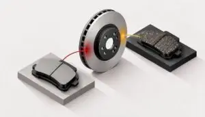 Abstract illustration of brake pad materials and rotor