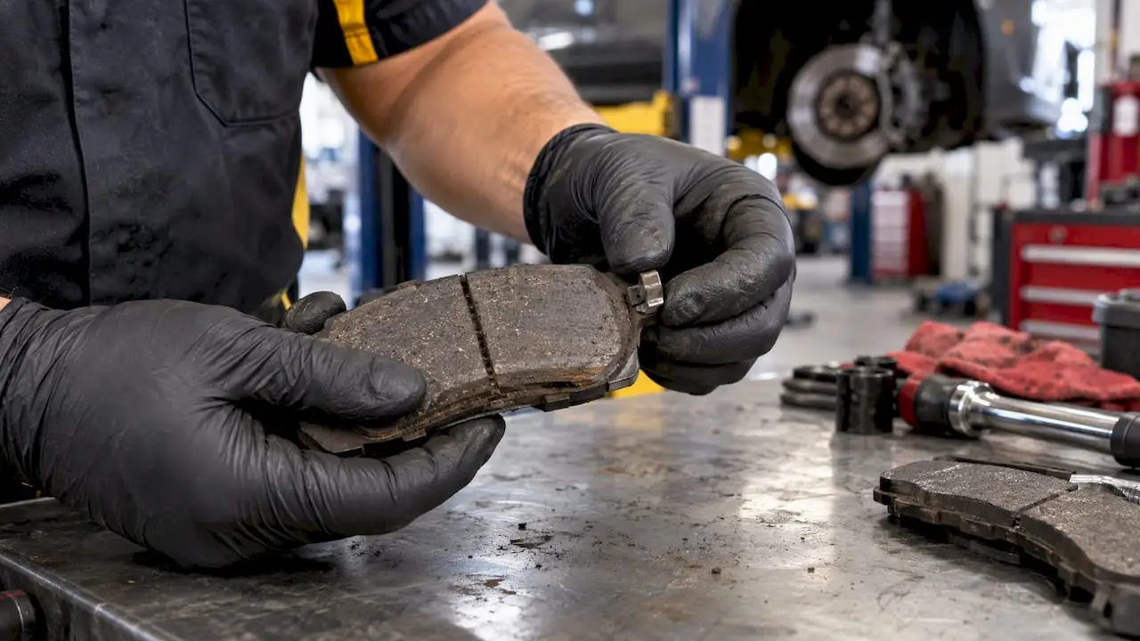 Technician inspecting a brake pad wear indicator