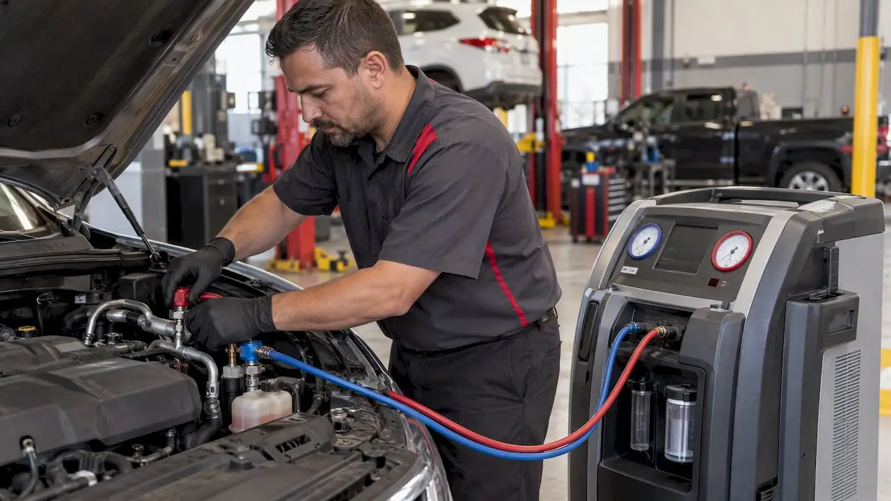 Technician connecting R1234yf service equipment